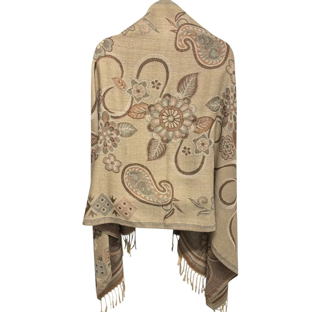 Tan Floral Paisley Jacquard Pashmina Wrap Scarf‎ Fringe Bohemian Shawl 70x26